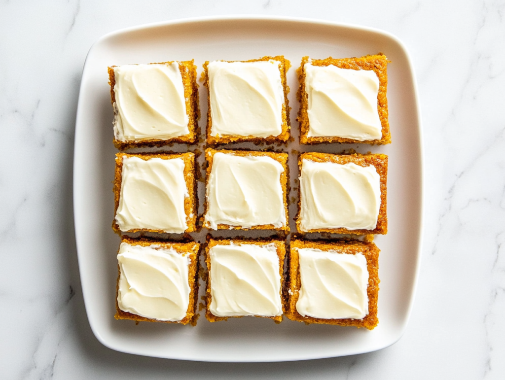 This image shows a batch of homemade pumpkin bars, cut into perfect squares and topped with a thick layer of smooth cream cheese frosting, making for a delicious autumn treat.