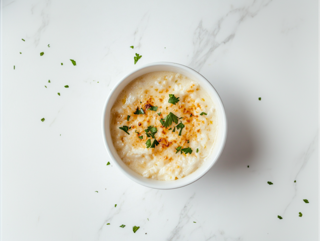 creamy-angel-chicken-rice-casserole-in-a-white-round-bowl-with-chopped-cilantro-garnish