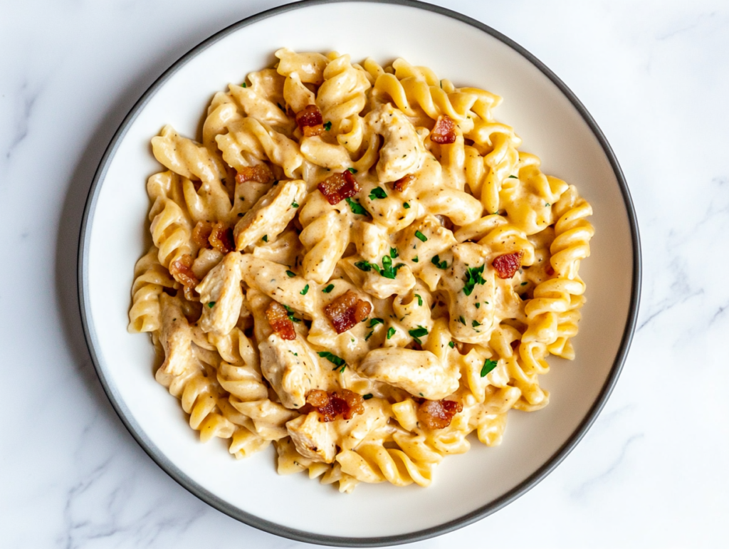 This image shows a plate of spiral rotini pasta coated in a rich, creamy ranch sauce, topped with crispy bacon bits and fresh cilantro garnish.