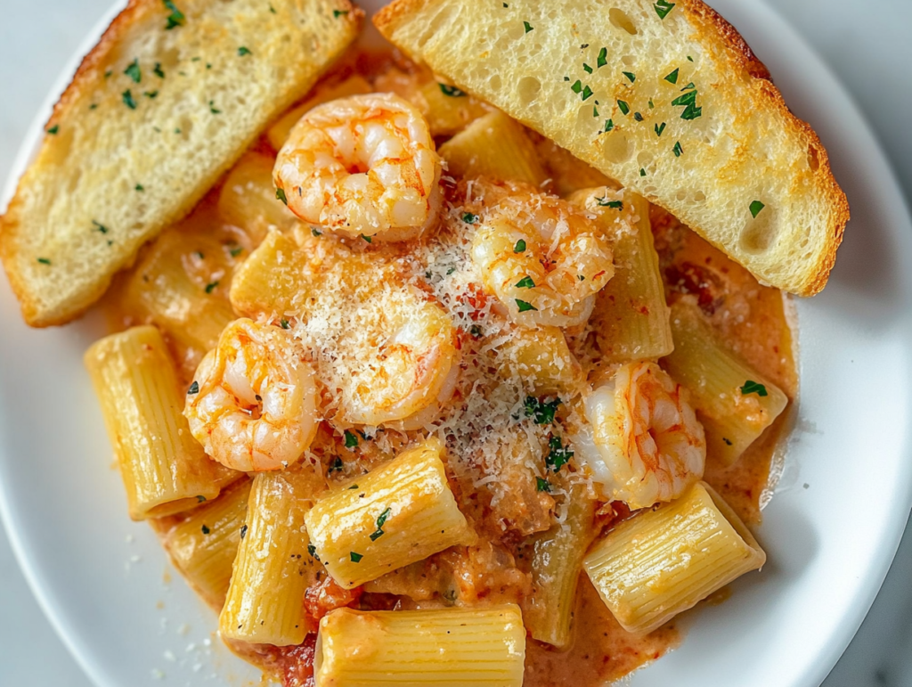 This image shows a plate of creamy shrimp rigatoni, garnished with freshly grated Parmesan cheese and served alongside crispy golden garlic bread on a white round plate.