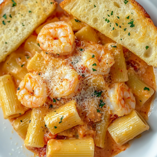 This image shows a plate of creamy shrimp rigatoni, garnished with freshly grated Parmesan cheese and served alongside crispy golden garlic bread on a white round plate.