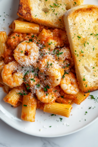 This image shows a plate of creamy shrimp rigatoni served alongside crispy, golden-brown garlic bread, making for a comforting and indulgent meal.