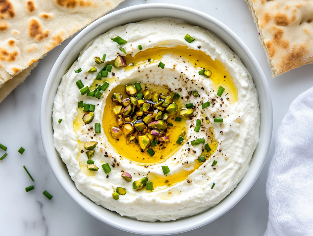 This image shows a creamy, smooth whipped feta dip served in a round bowl, topped with chives, crushed pistachios, and freshly ground black pepper for added flavor and texture.