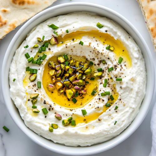 This image shows a creamy, smooth whipped feta dip served in a round bowl, topped with chives, crushed pistachios, and freshly ground black pepper for added flavor and texture.