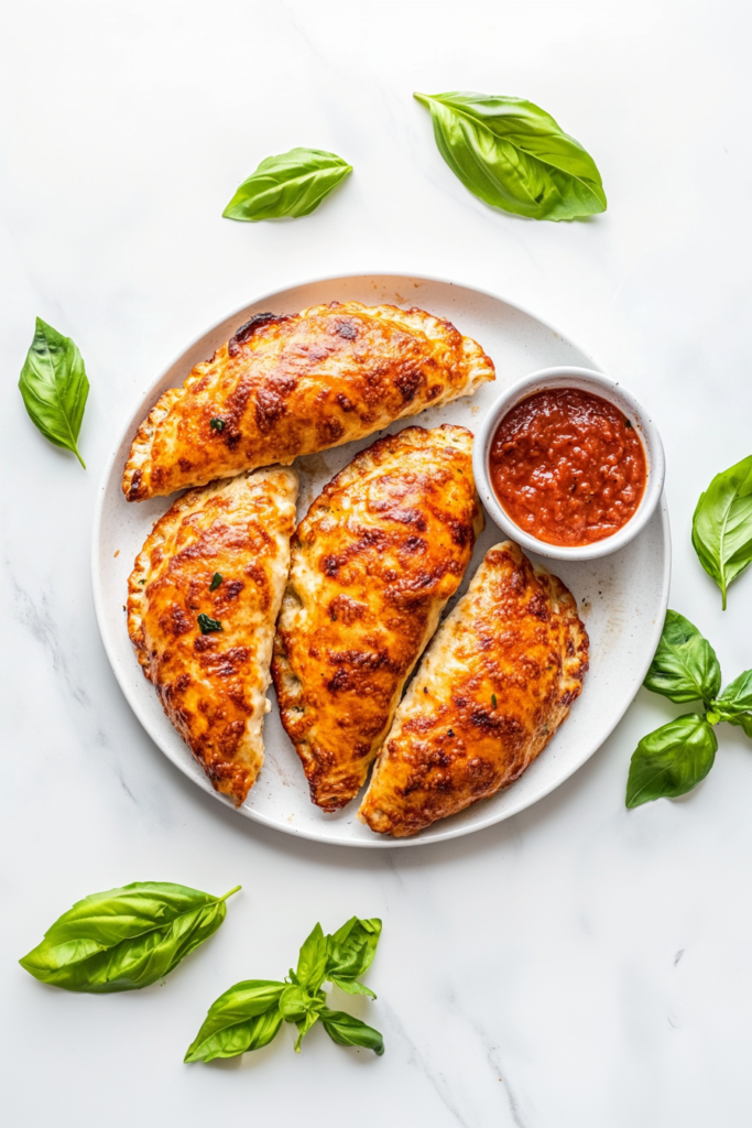 This image shows freshly cooked Chicken Alfredo Air Fryer Calzones, perfectly golden brown and ready to be served with dipping sauce for a delicious meal.