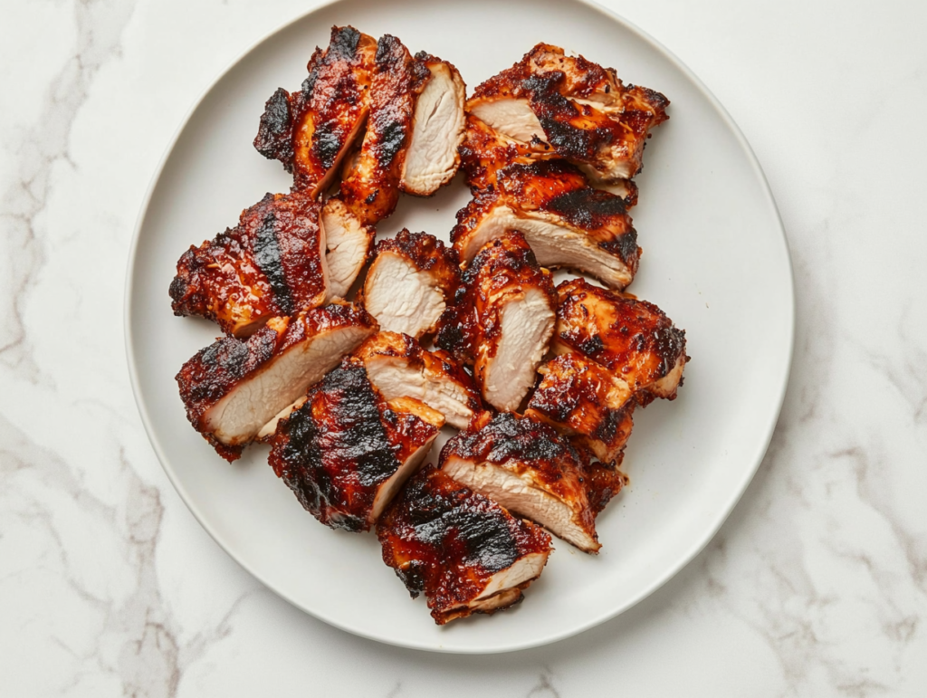 This image shows crispy, golden brown Qdoba-style chicken, cut into pieces and served on a white round plate, highlighting its smoky and flavorful texture.