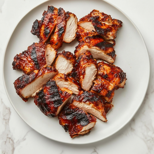 This image shows crispy, golden brown Qdoba-style chicken, cut into pieces and served on a white round plate, highlighting its smoky and flavorful texture.