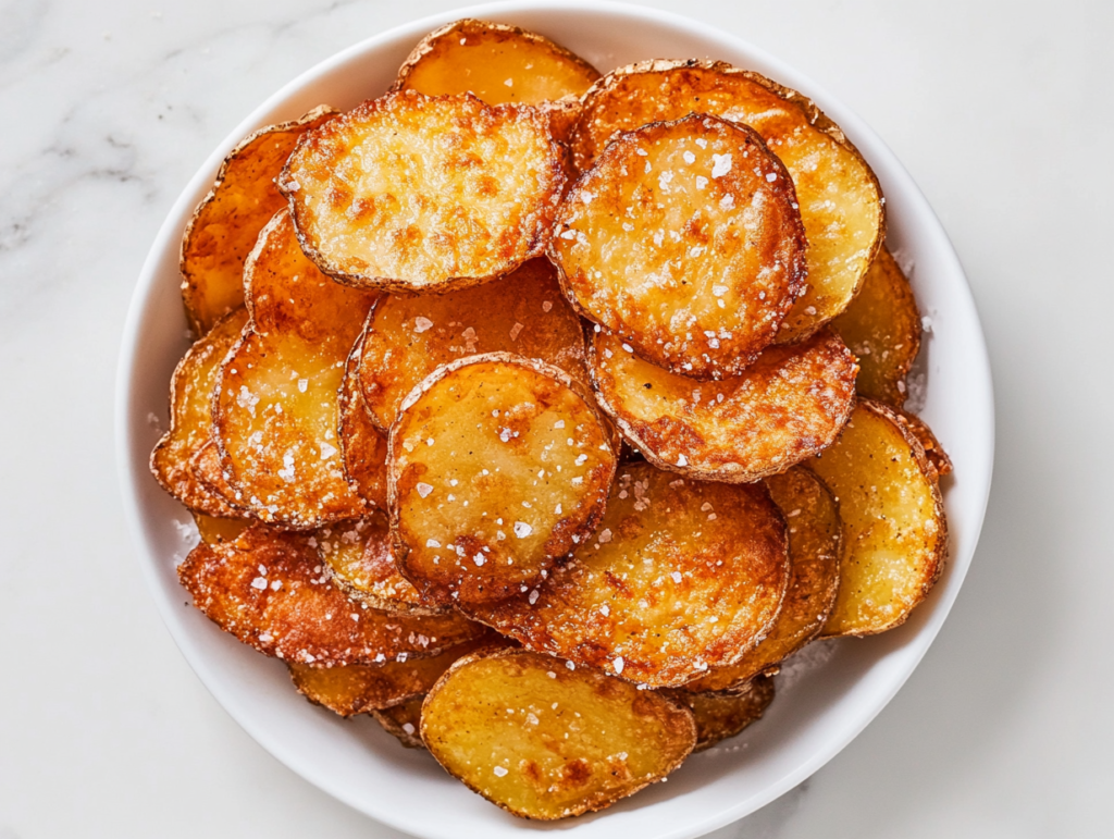 This image shows a plate of thinly sliced, crispy thousand-layer potatoes, golden brown and beautifully stacked, garnished with flaky rock salt for extra crunch.