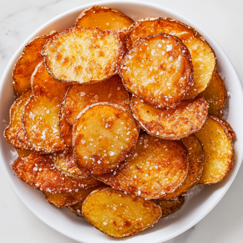 This image shows a plate of thinly sliced, crispy thousand-layer potatoes, golden brown and beautifully stacked, garnished with flaky rock salt for extra crunch.