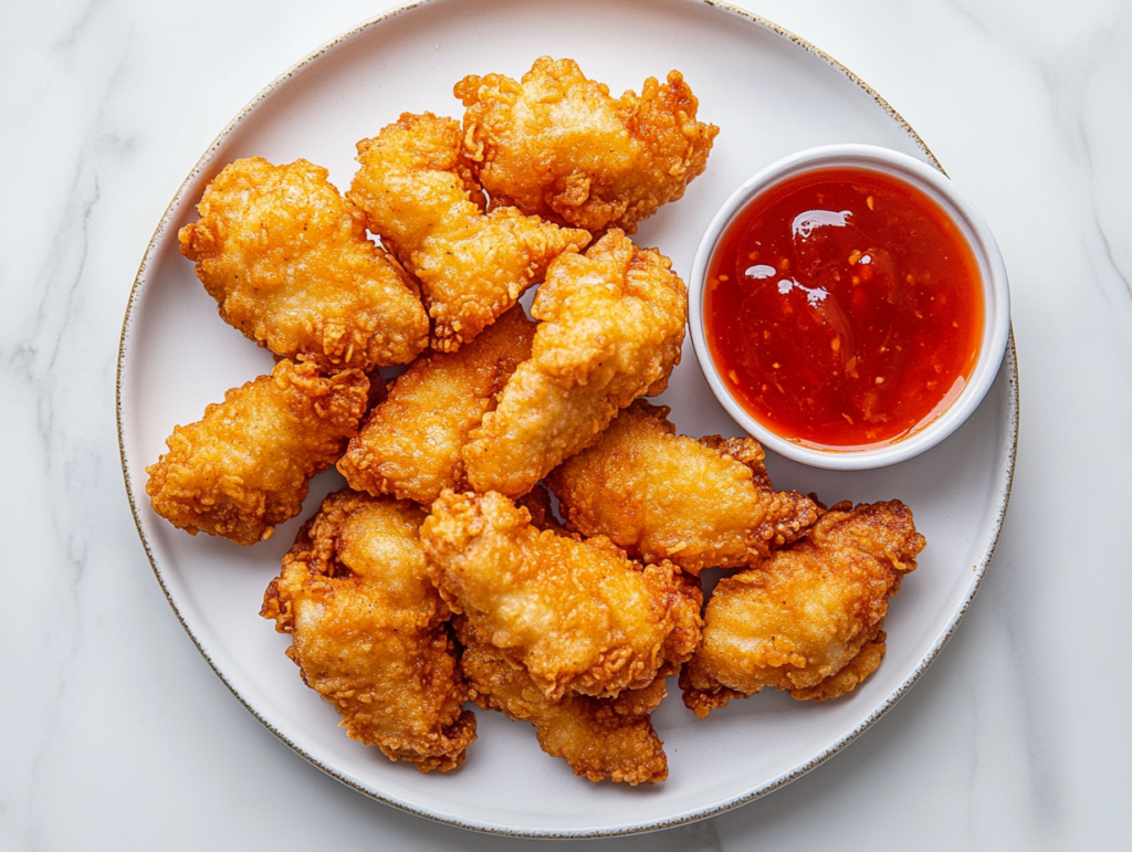 This image shows a plate of crispy, golden-brown breaded Chinese chicken served on a white round plate, accompanied by a small bowl of sweet and sour sauce on the side.