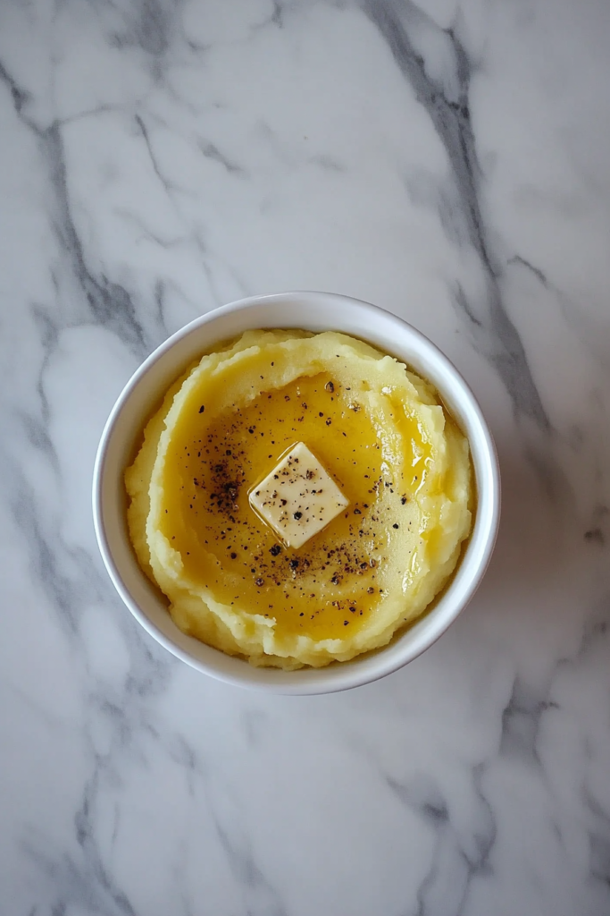 This image shows classic mashed potatoes, smooth and creamy, topped with freshly cracked black pepper and a pool of melted butter in the center, served in a white round bowl.