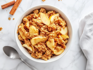 This image shows Crockpot Apple Crisp served in a white bowl, featuring chunks of tender apple, golden crumbs, and crunchy walnuts, making for a warm, comforting dessert.