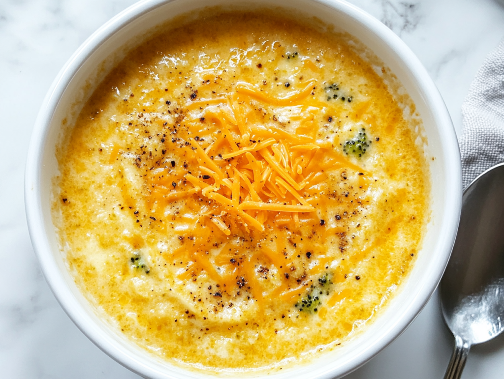 This image shows a warm bowl of crockpot broccoli cheese soup served in a white round bowl, featuring small diced broccoli pieces within the creamy soup and topped with shredded cheddar cheese for extra richness.