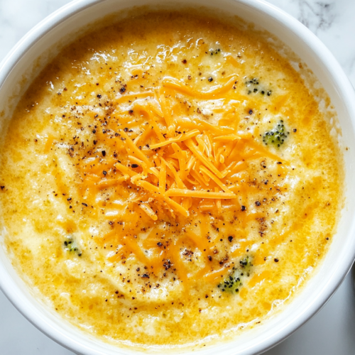 This image shows a warm bowl of crockpot broccoli cheese soup served in a white round bowl, featuring small diced broccoli pieces within the creamy soup and topped with shredded cheddar cheese for extra richness.