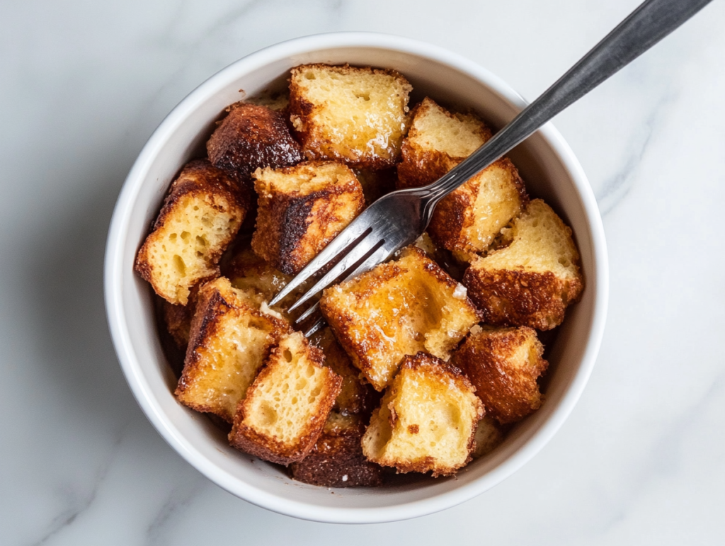 This image shows crockpot French toast served in a white bowl, featuring golden, toasted bread pieces with a fork on the side, ready to be enjoyed as a cozy breakfast treat.