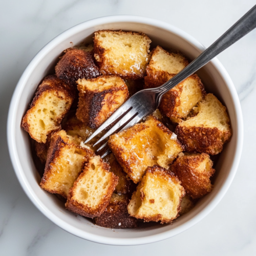 This image shows crockpot French toast served in a white bowl, featuring golden, toasted bread pieces with a fork on the side, ready to be enjoyed as a cozy breakfast treat.