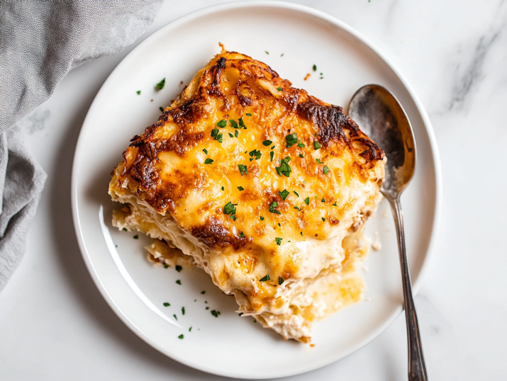 This image shows Crockpot Hashbrown Casserole on a white round plate, with layers of shredded processed cheese in the middle and topped with chopped fresh cilantro for a burst of color and freshness. A spoon is placed on the side, ready to be served.