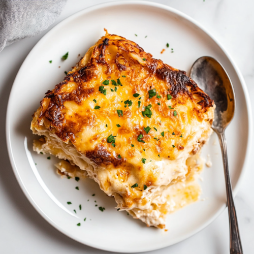 This image shows Crockpot Hashbrown Casserole on a white round plate, with layers of shredded processed cheese in the middle and topped with chopped fresh cilantro for a burst of color and freshness. A spoon is placed on the side, ready to be served.