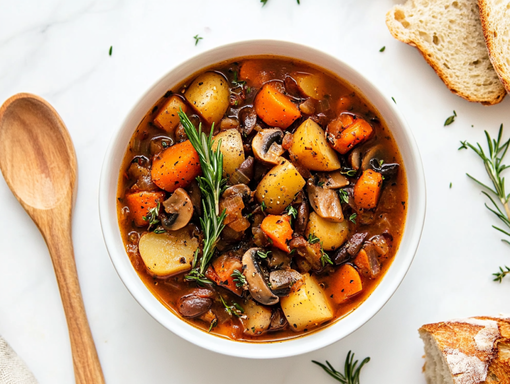 This image shows a bowl of crockpot stew served in a white dish, filled with tender carrots, potatoes, and mushrooms, garnished with fresh thyme, with a wooden spoon placed beside it.