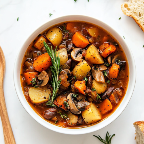 This image shows a bowl of crockpot stew served in a white dish, filled with tender carrots, potatoes, and mushrooms, garnished with fresh thyme, with a wooden spoon placed beside it.