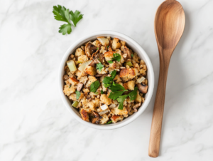 This image shows Crockpot Stuffing served in a white bowl, made with ingredients such as sliced mushrooms, eggs, and onions. A wooden spoon is placed on the side, inviting you to dig in and enjoy this comforting dish.