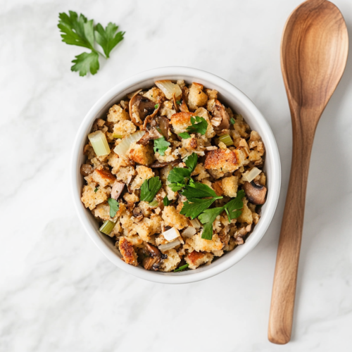 This image shows Crockpot Stuffing served in a white bowl, made with ingredients such as sliced mushrooms, eggs, and onions. A wooden spoon is placed on the side, inviting you to dig in and enjoy this comforting dish.