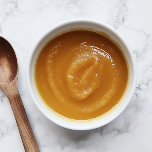 This image shows a small round white bowl filled with homemade Crockpot applesauce made with apples and pumpkin pie spice, with a spoon placed beside it for serving.