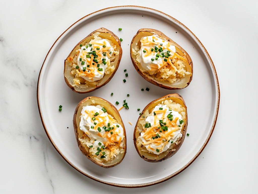 This image shows Crockpot baked potatoes served on a round white plate, cut in half, and topped with melted shredded cheese and finely chopped spring onions for added flavor.