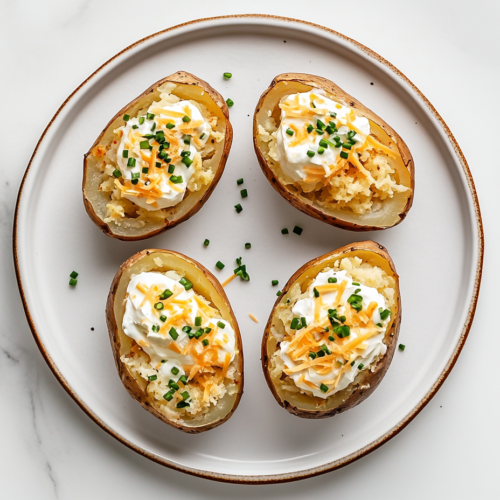 This image shows Crockpot baked potatoes served on a round white plate, cut in half, and topped with melted shredded cheese and finely chopped spring onions for added flavor.