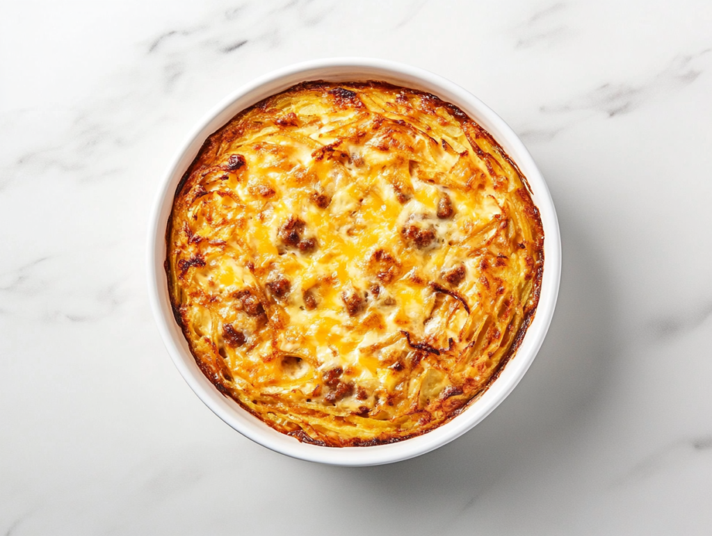 This image shows a hearty crockpot breakfast casserole served in a white bowl, topped with a golden, melted layer of cheese, ready to enjoy.