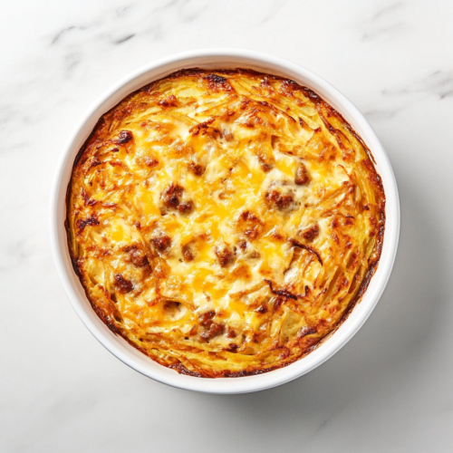 This image shows a hearty crockpot breakfast casserole served in a white bowl, topped with a golden, melted layer of cheese, ready to enjoy.