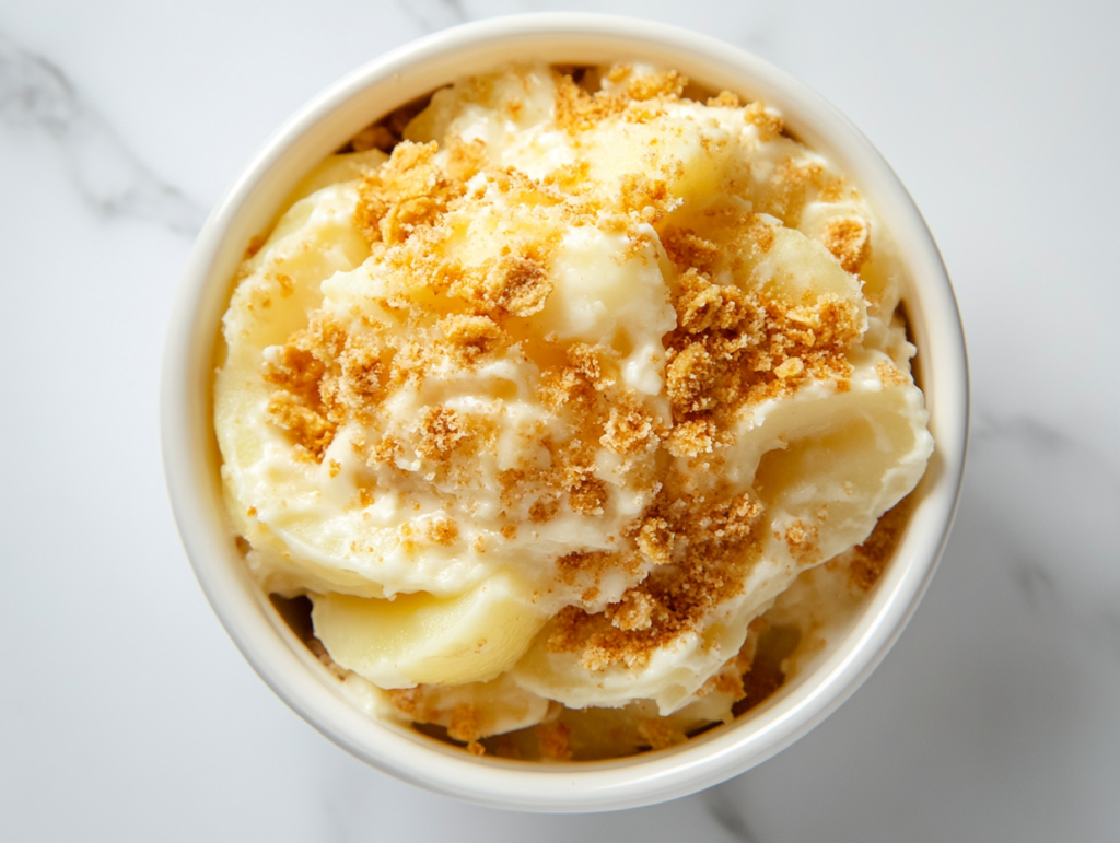 This image shows a hearty serving of Crockpot cheesy potatoes in a round white bowl, oozing with melted shredded cheddar cheese and topped with crispy crumbled cheese-flavored crackers for an extra crunch.