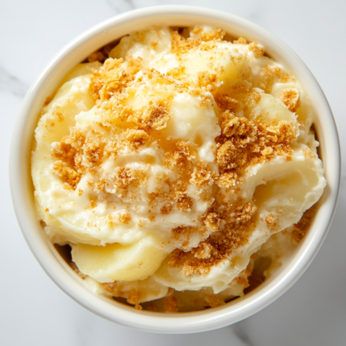 This image shows a hearty serving of Crockpot cheesy potatoes in a round white bowl, oozing with melted shredded cheddar cheese and topped with crispy crumbled cheese-flavored crackers for an extra crunch.