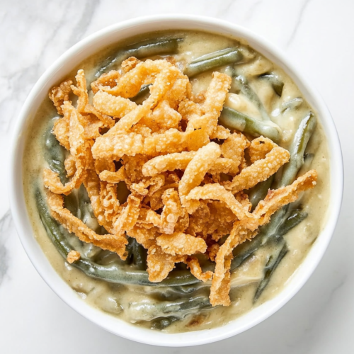 This image shows Crockpot green bean casserole served in a white bowl, mixed with creamy mushroom soup, milk, salt, and pepper until fully blended, creating a rich and savory dish.