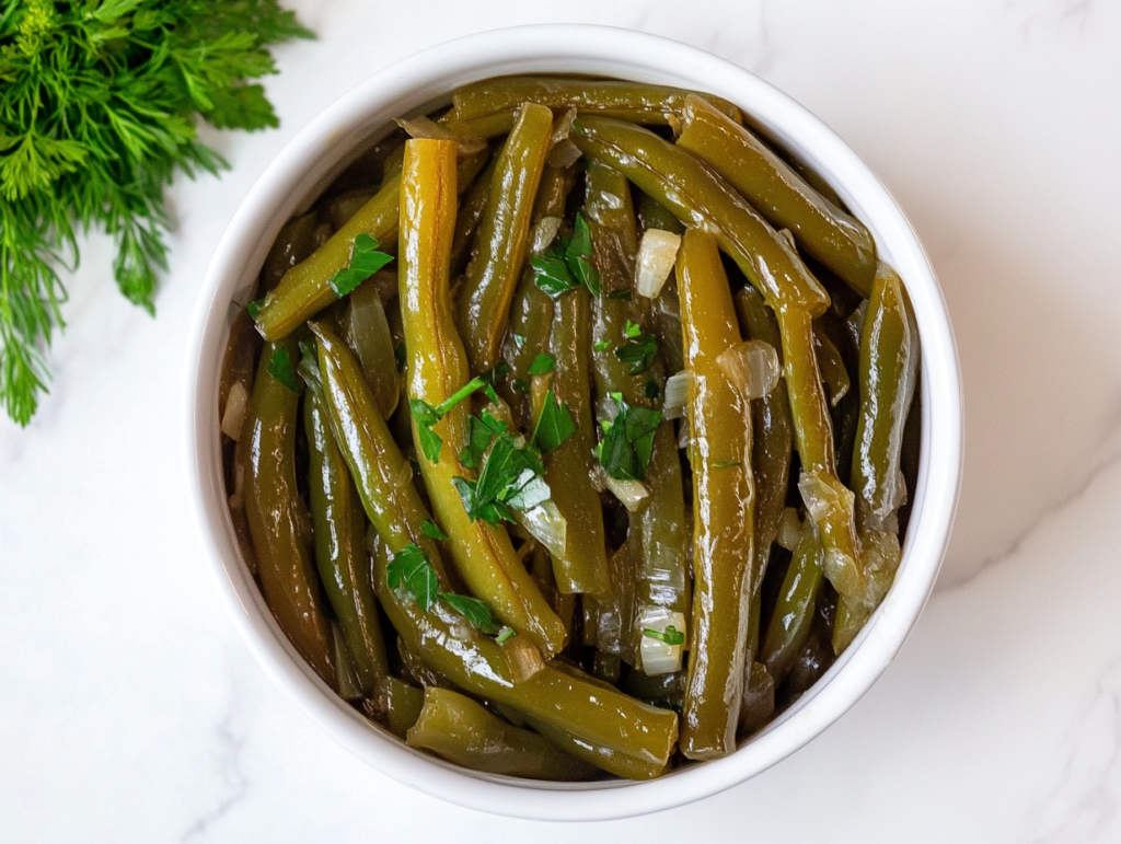 This image shows crockpot green beans served in a white round bowl, tossed in a flavorful mix of chicken broth, garlic, and butter, and topped with freshly chopped cilantro for a vibrant finish.