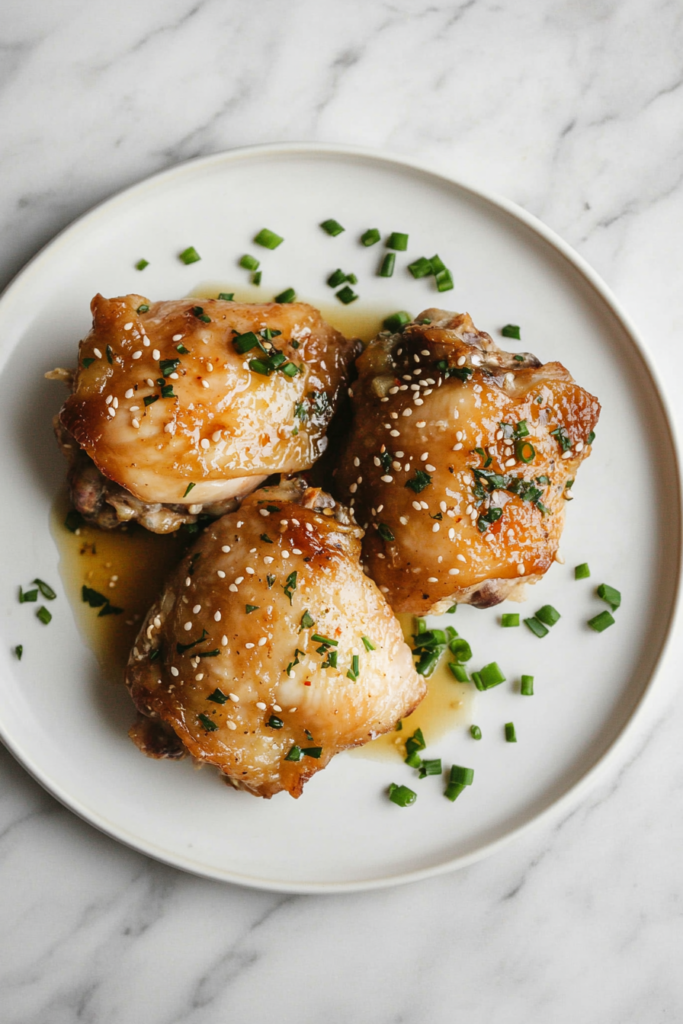 This image shows sweet and savory crockpot honey-garlic chicken, garnished with white sesame seeds and chopped green onions, served on a white round plate.