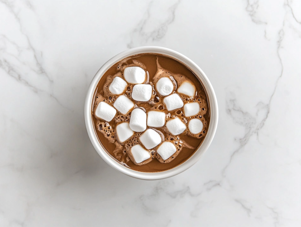 This image shows a rich, creamy crockpot hot chocolate served in a white bowl, topped with fluffy marshmallows that melt slightly into the warm drink, adding extra sweetness and texture.