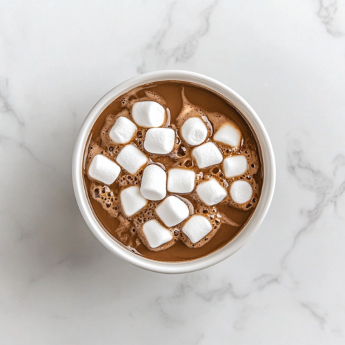 This image shows a rich, creamy crockpot hot chocolate served in a white bowl, topped with fluffy marshmallows that melt slightly into the warm drink, adding extra sweetness and texture.