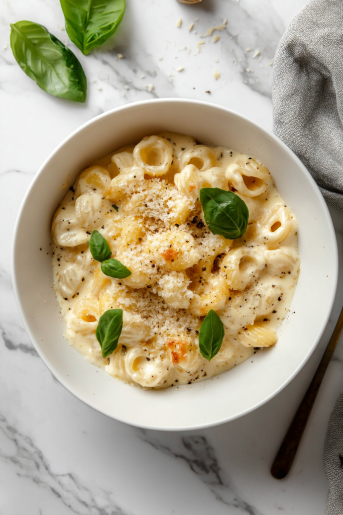 This image shows creamy crockpot mac and cheese, topped with freshly shredded cheese and a bright green basil leaf, served warm in a white bowl.