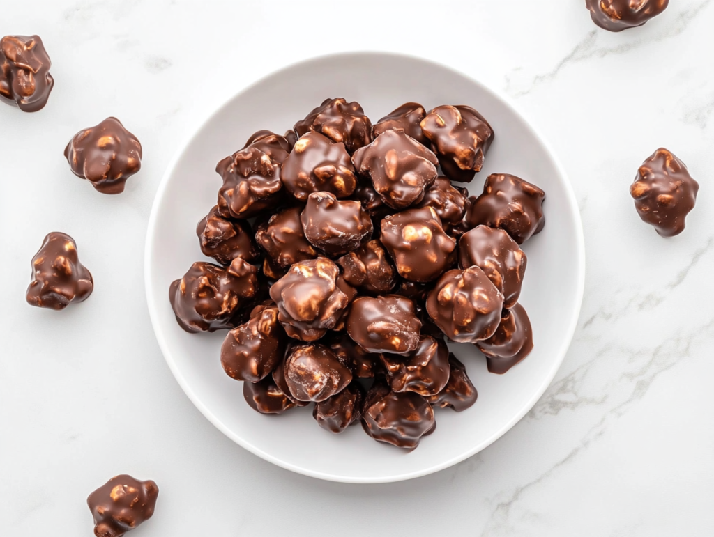 This image shows a white plate piled high with rich, chocolatey crockpot peanut clusters, with additional clusters scattered around the plate, ready to be enjoyed as a decadent dessert.