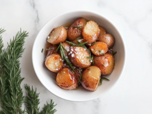 This image shows a round white bowl filled with tender crockpot potatoes, mixed with chopped fresh herbs like rosemary and parsley, and sprinkled with flaked sea salt for added flavor and a rustic touch.