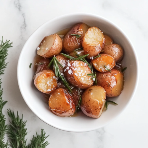 This image shows a round white bowl filled with tender crockpot potatoes, mixed with chopped fresh herbs like rosemary and parsley, and sprinkled with flaked sea salt for added flavor and a rustic touch.