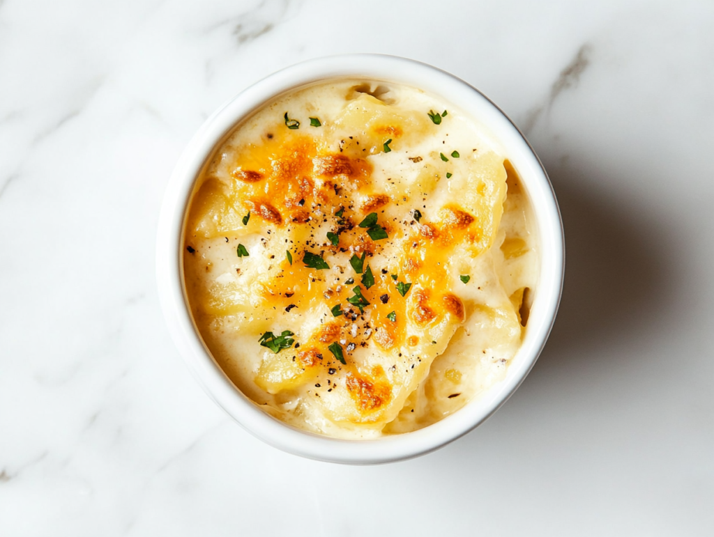 This image shows Crockpot scalloped potatoes served in a white round bowl, mixed with cream, chicken broth, minced garlic, salt, and pepper, and topped with freshly chopped cilantro for a flavorful finish.