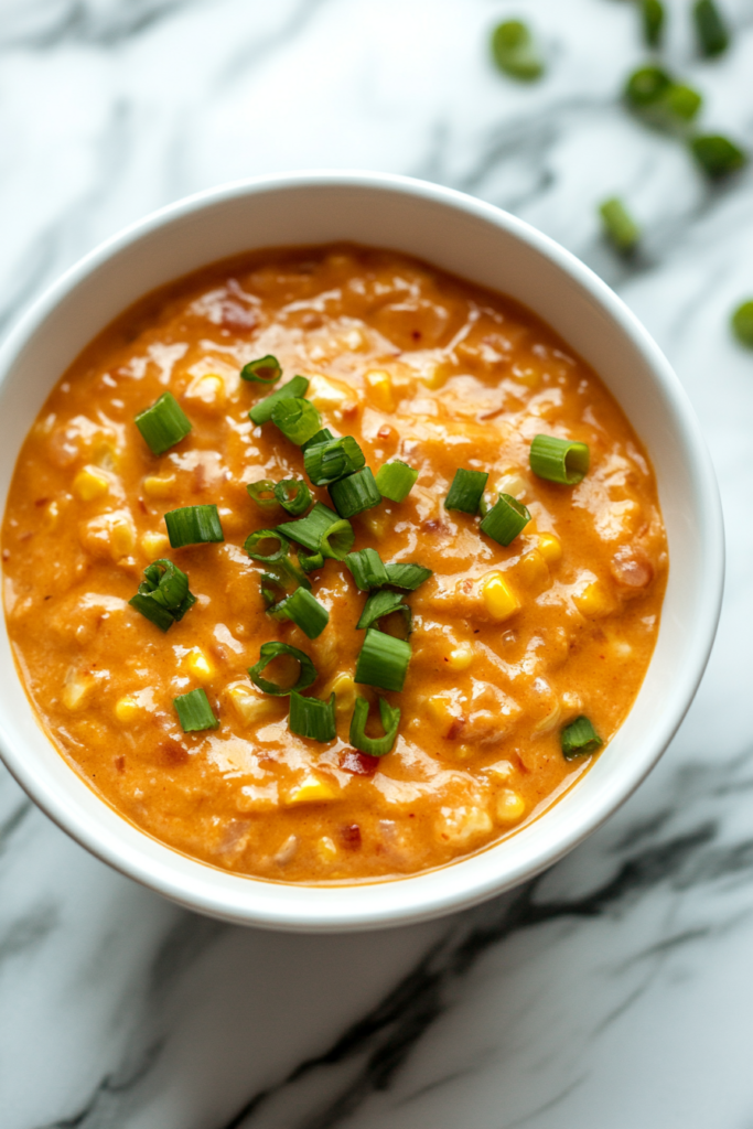 This image shows vibrant crockpot sriracha corn, bursting with bold flavors and garnished with freshly chopped green onions, served in a white round bowl.