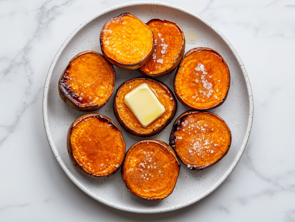 This image shows Crockpot sweet potatoes served on a round white plate, cut into halves with a golden brown interior, topped with melted butter for a rich and comforting dish.