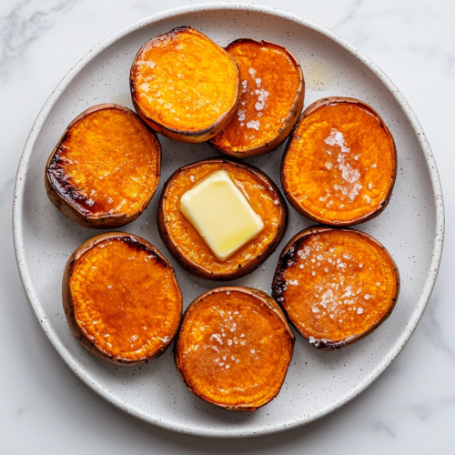 This image shows Crockpot sweet potatoes served on a round white plate, cut into halves with a golden brown interior, topped with melted butter for a rich and comforting dish.