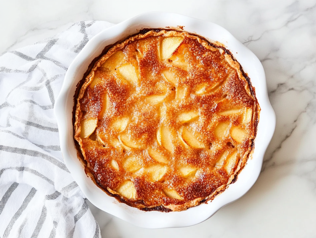 This image shows a freshly baked crustless apple pie in a white round baking dish, infused with chopped pecans and baked to a golden-brown perfection.