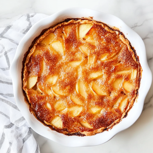 This image shows a freshly baked crustless apple pie in a white round baking dish, infused with chopped pecans and baked to a golden-brown perfection.