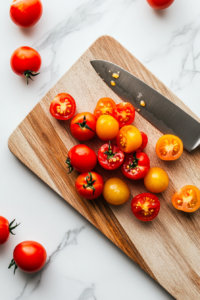 This image shows fresh cherry tomatoes being halved, revealing their juicy centers, adding a burst of sweetness and texture to the tomato burrata salad.