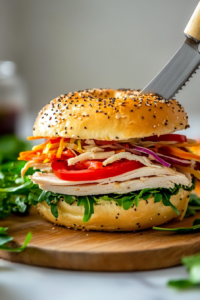 This image shows the turkey bagel sandwich being cut into halves and served, ready to be enjoyed as a satisfying and delicious meal.